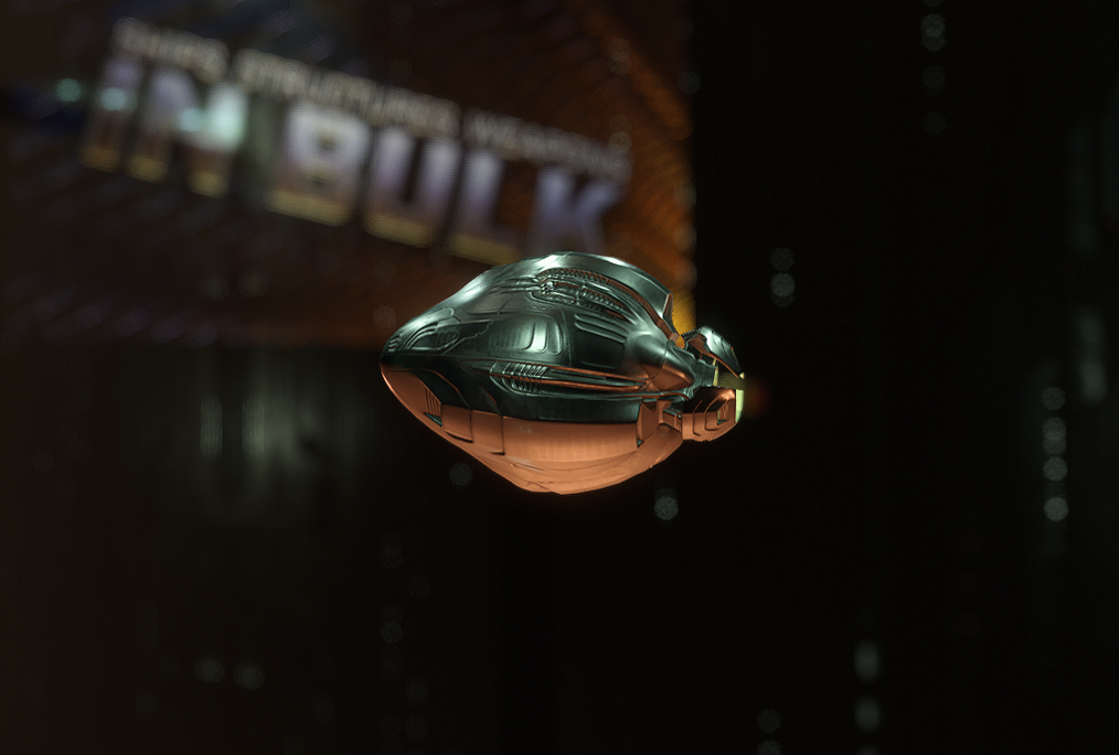 A shiny black metal pod floating in a space station hangar. Part of a holographic advertisement for something that's apparently 'in bulk' is visible in the background.