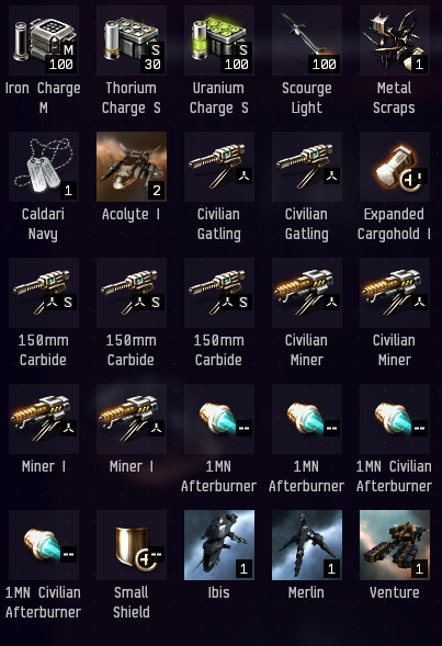 A grid of several inventory items, ranging from scrap metal to entire spaceship hulls.